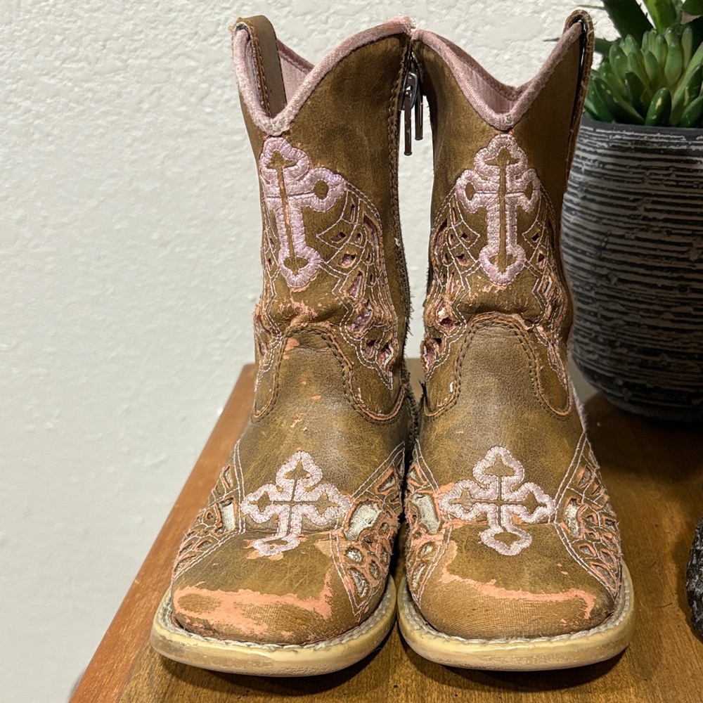 Twister Brown and Pink Embroidered Girls' Cowboy Boots